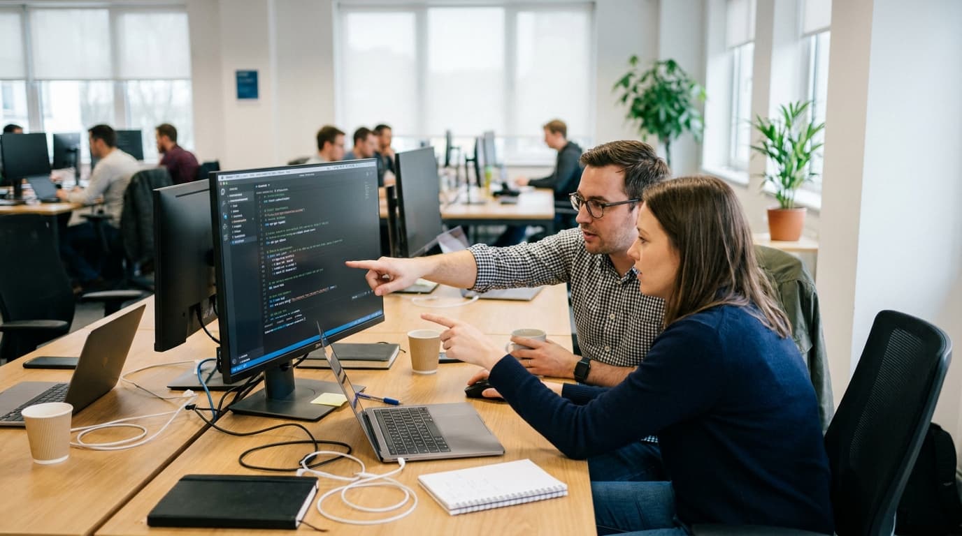 Two engineers in an office work together at a computer, reviewing code for a container image migration.