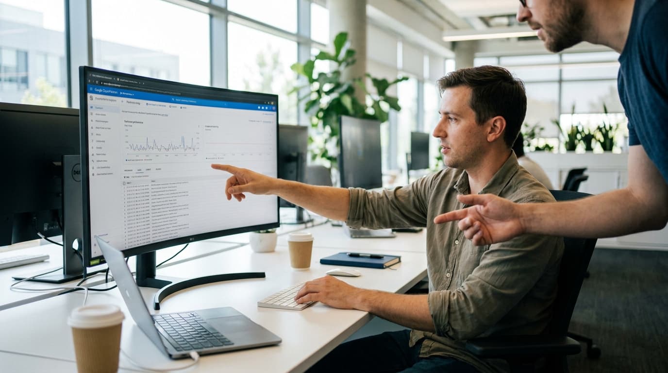 Two IT professionals in an office analyze a database performance dashboard on a large computer monitor.