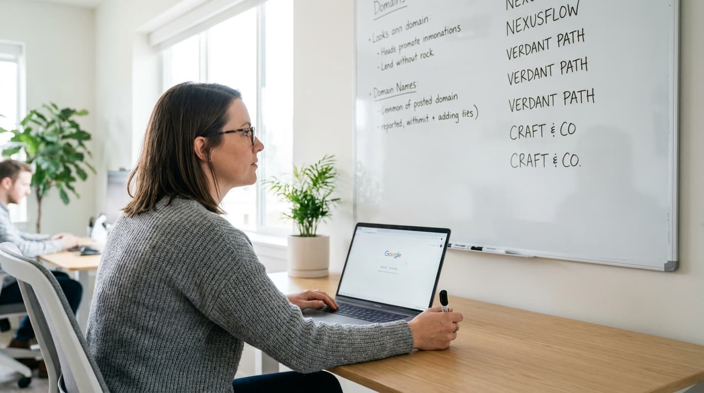 A marketing professional brainstorms new website domain names on a whiteboard in an office.