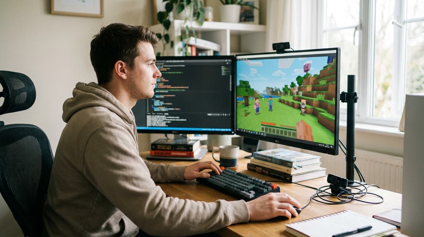 A young developer sits at their computer, working on a game design with code visible on one screen.