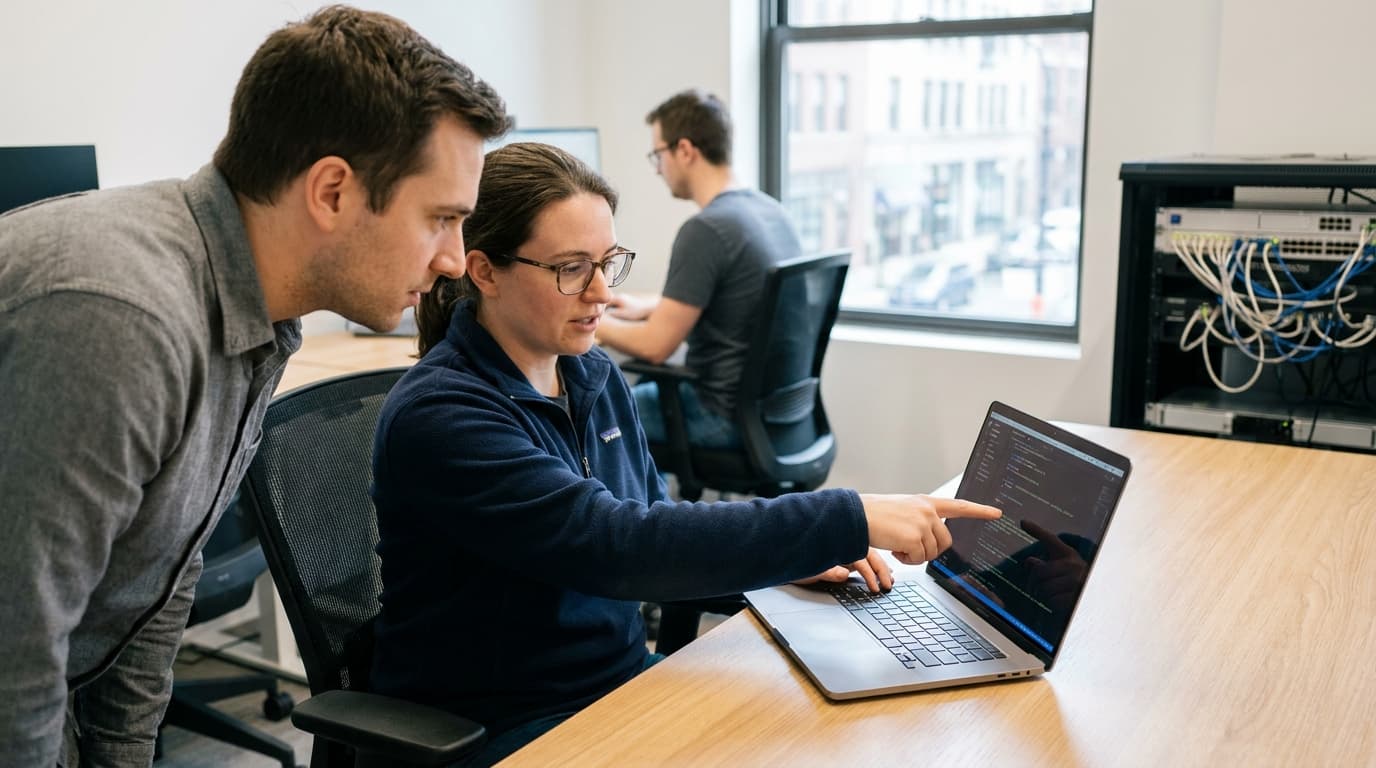 Two software engineers collaborating over a laptop displaying lines of code in a modern office environment.