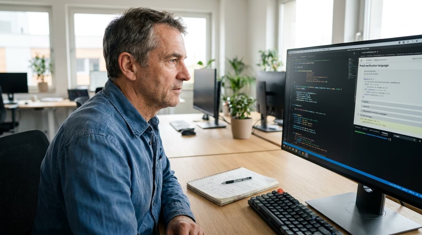 An engineer at a desk reviews formal verification code on a computer monitor in a modern office setting.