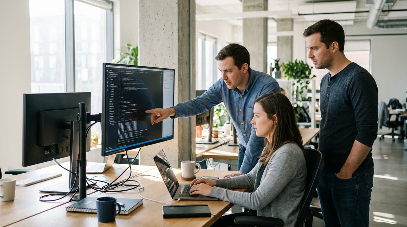 A group of software engineers discussing code on a large monitor in a brightly lit office environment.