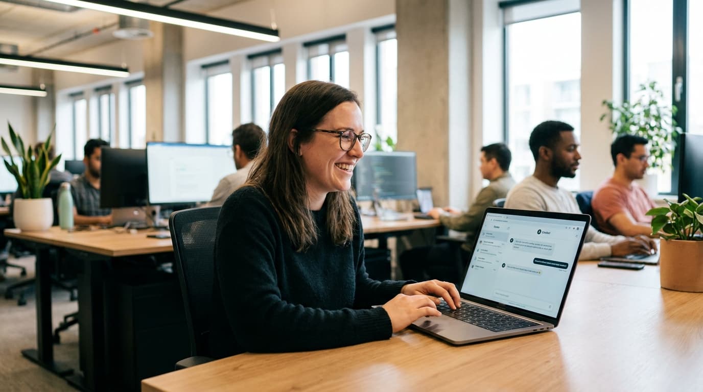 A software developer works on a laptop in a modern office, testing a new application with a responsive chatbot interface on the screen.