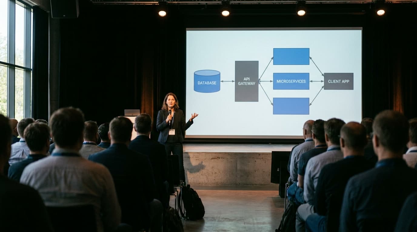 A speaker on a stage at a tech conference gestures towards a screen displaying a diagram of Netflix's commerce architecture.