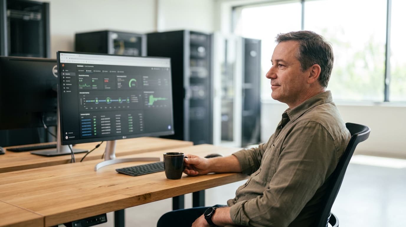 A developer in an office environment watches a screen showing automated processes, indicating the use of AI agent software.
