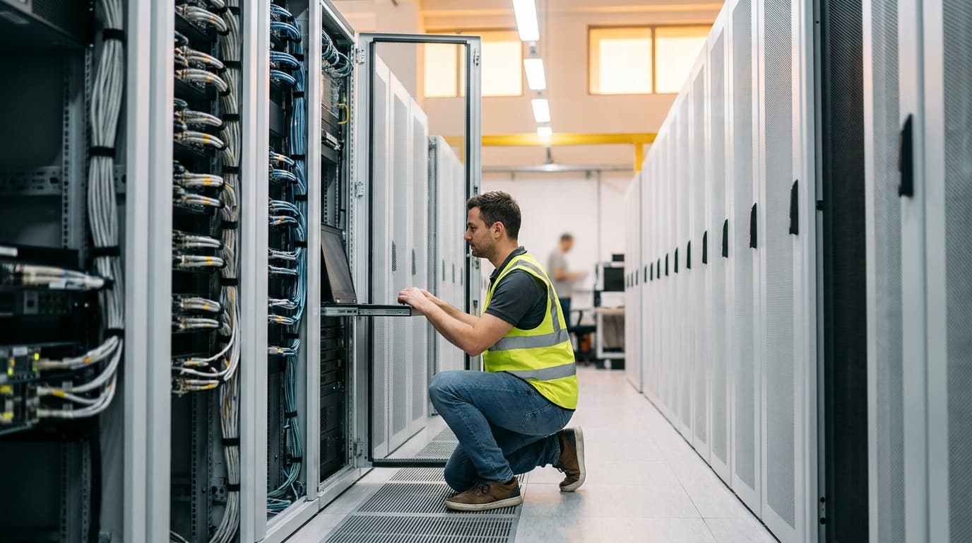 Rows of server racks with blinking lights inside an Amazon Web Services data center facility.