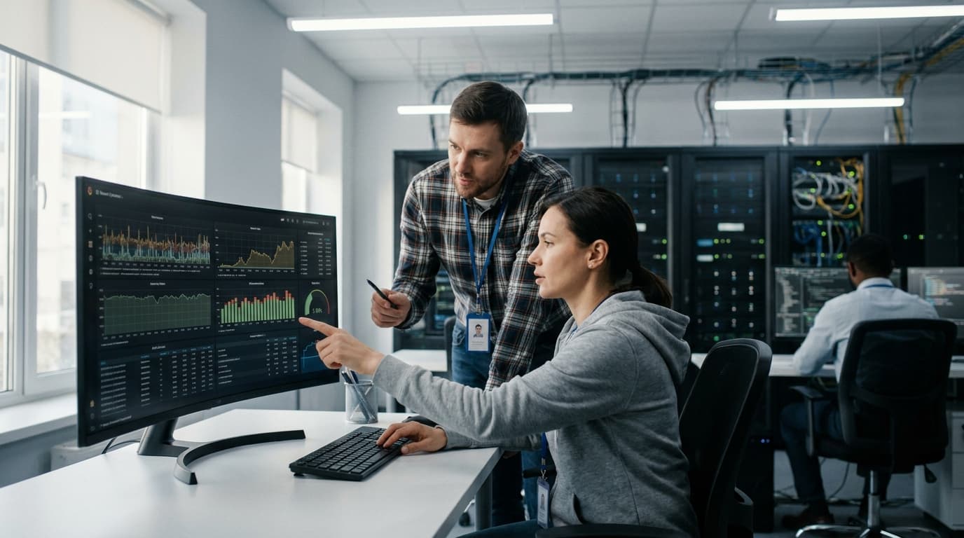 Two engineers in an office analyzing application performance data on a large computer monitor.