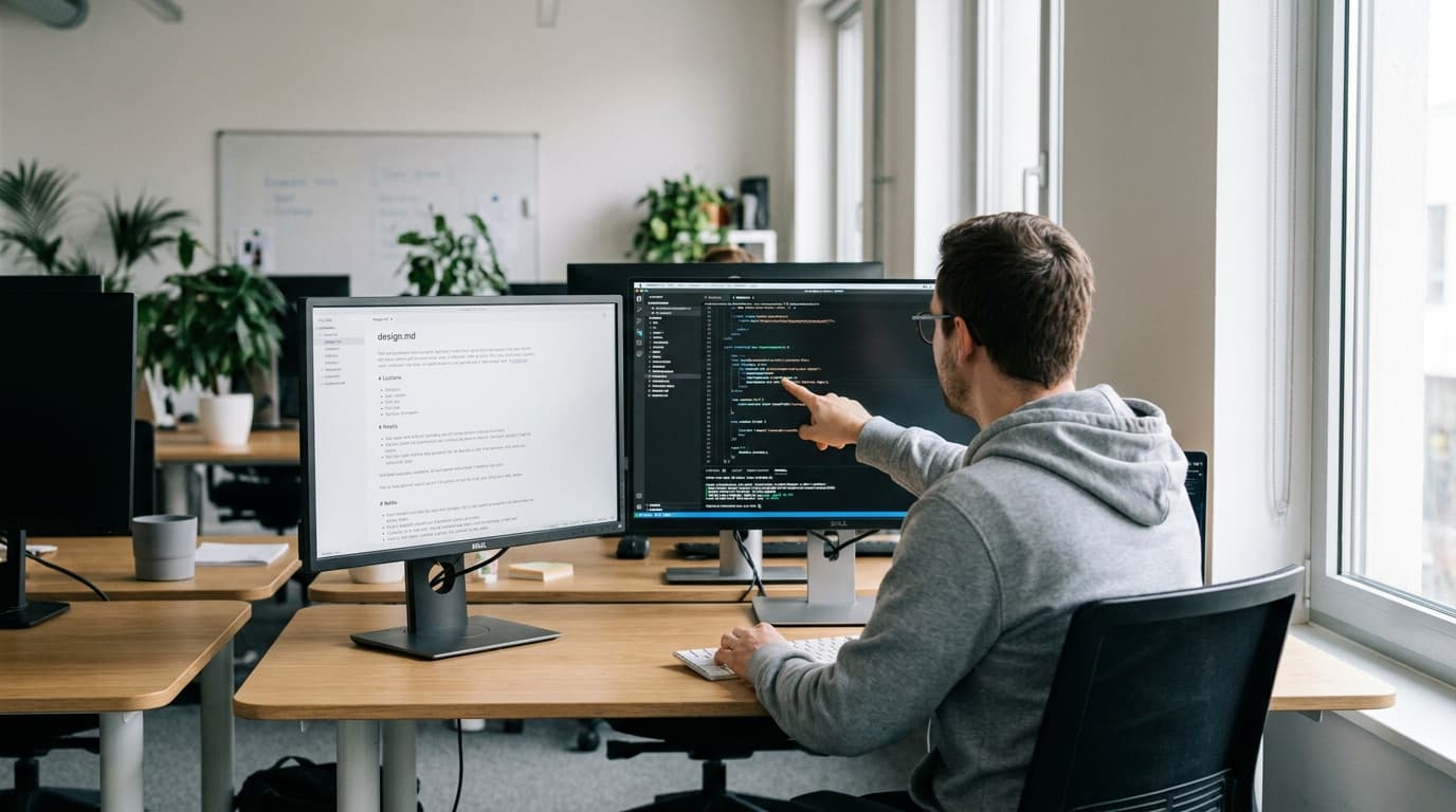 A developer at their desk reviews code on one screen while a `design.md` file with design rules is open on another.