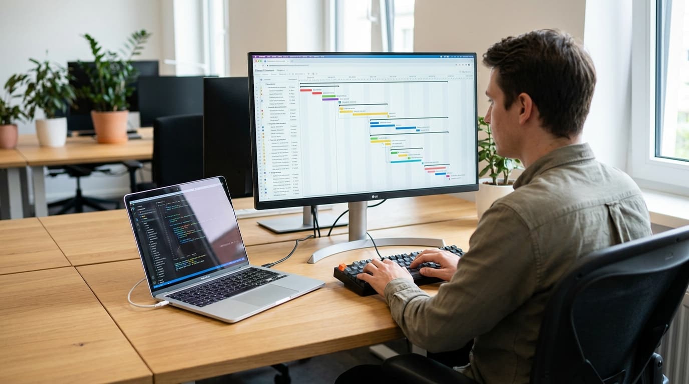 A developer sits at a desk, analyzing a complex project schedule displayed as a Gantt chart on a large computer monitor.