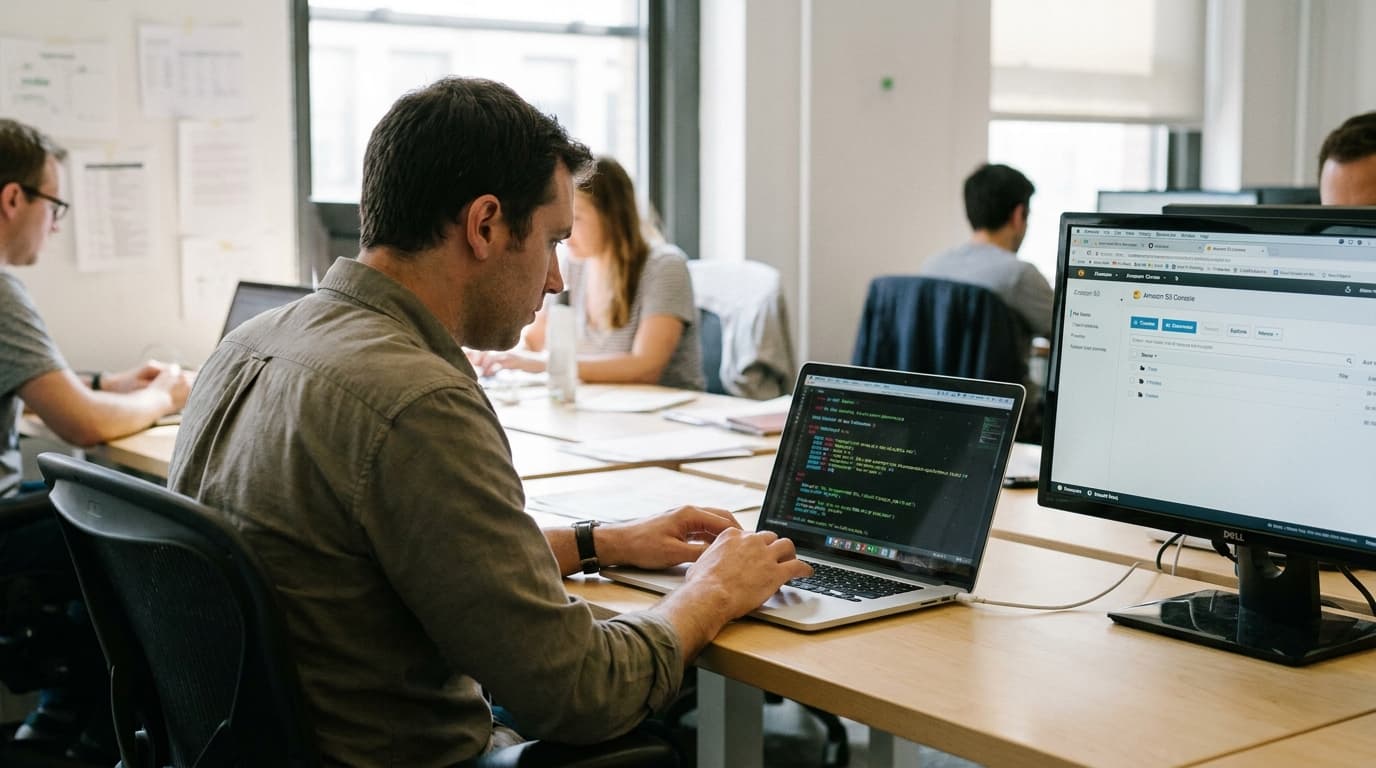 A data engineer writes SQL code on a laptop, with the AWS cloud console visible on another screen in their office.