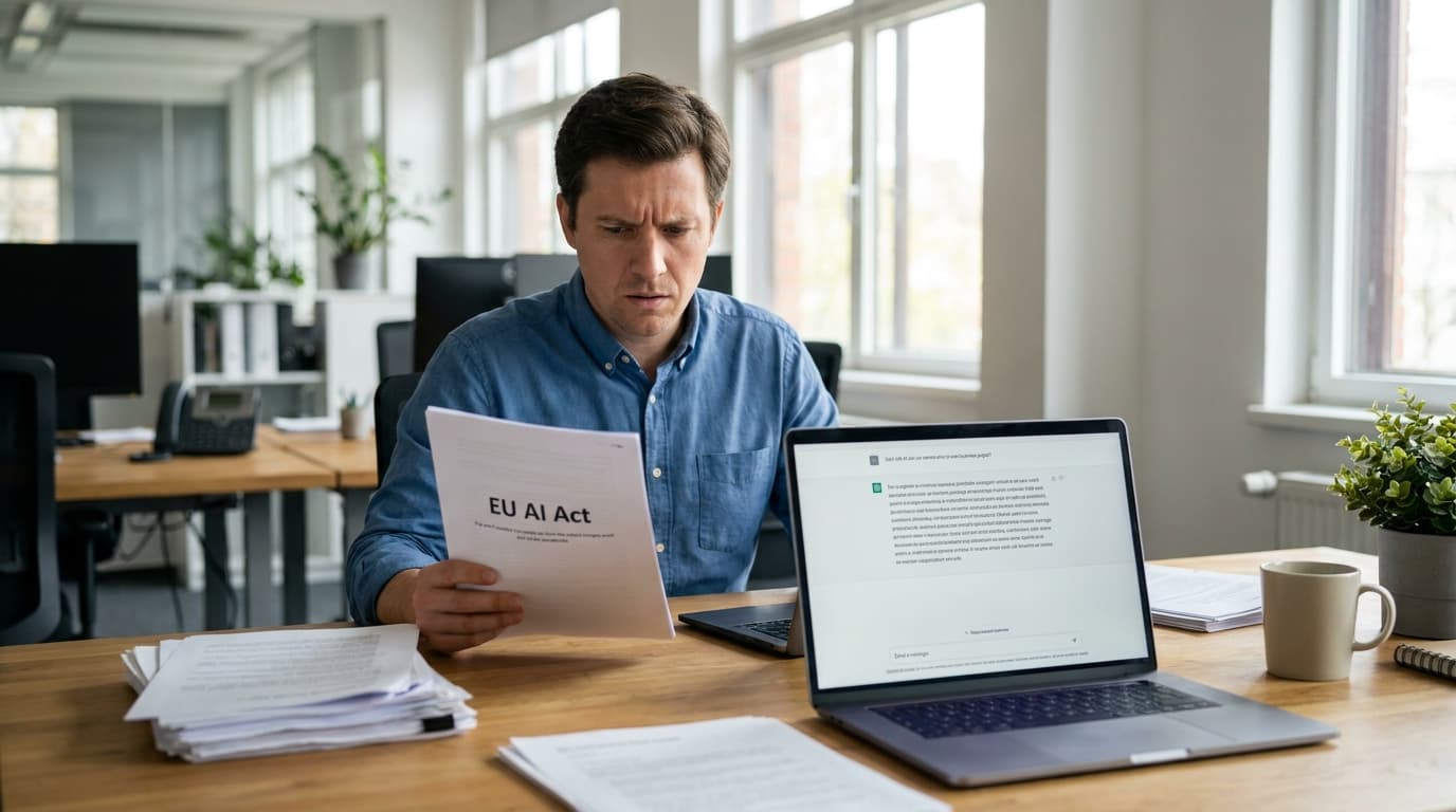 An office employee reviews a document about the EU AI Act while a chat AI interface is open on their laptop.