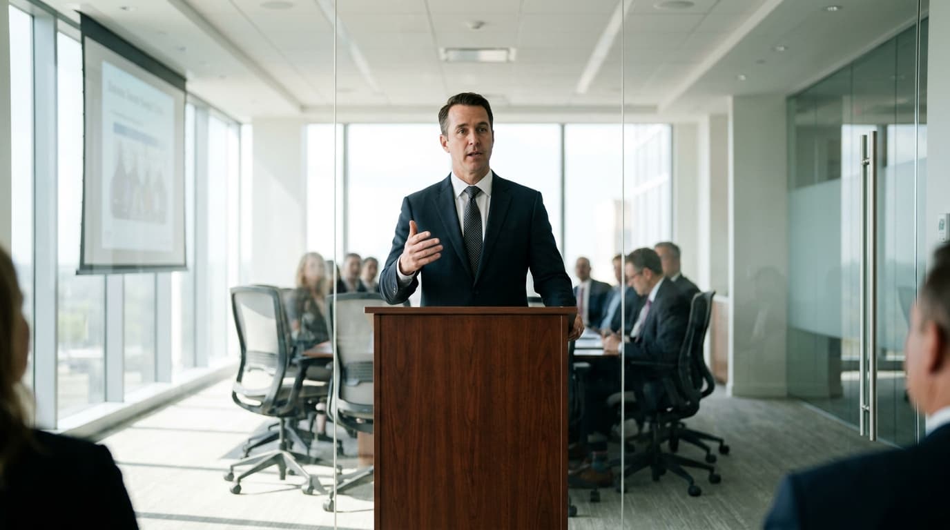 A business executive stands at a podium giving a formal presentation in a conference room setting.