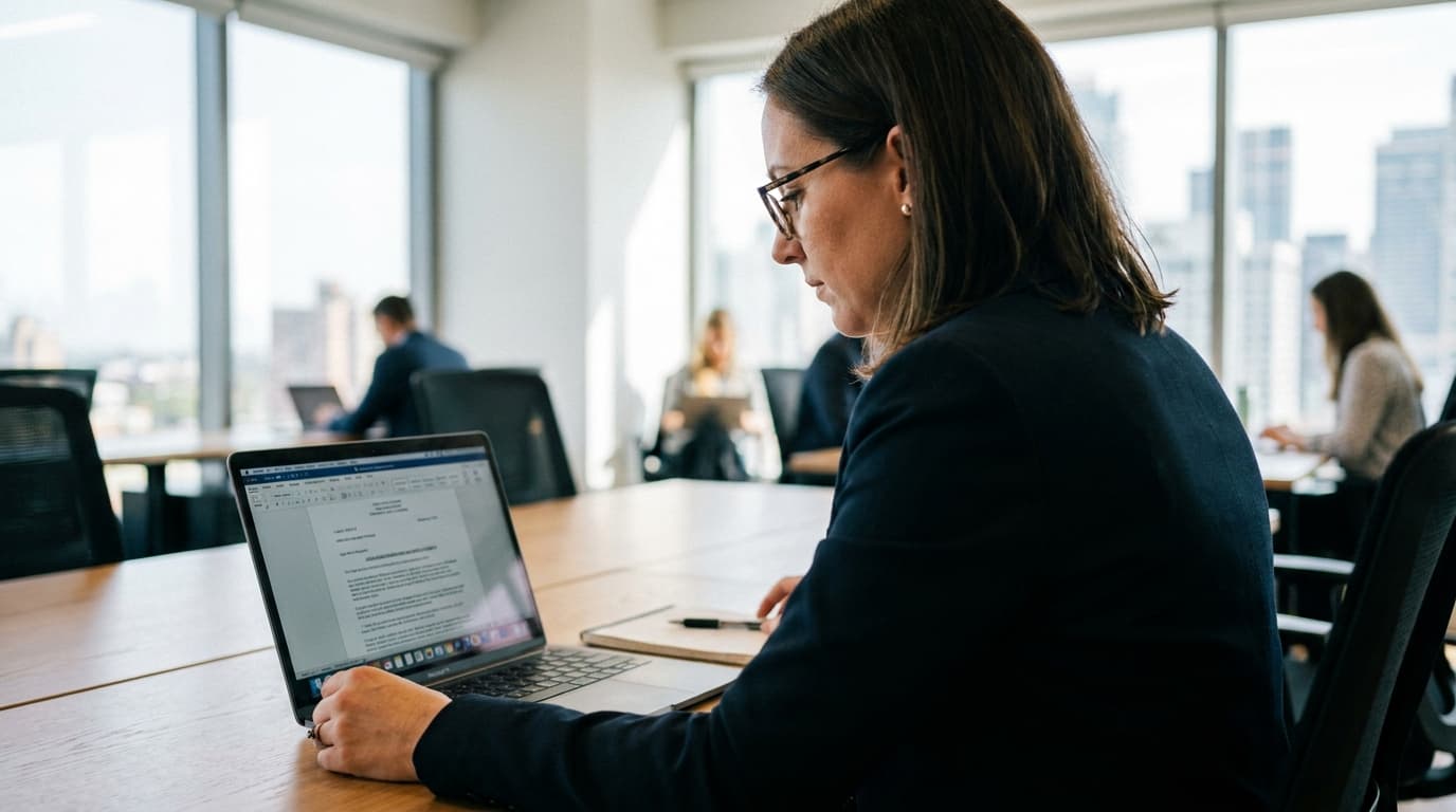 An executive in a business suit sits at a desk, carefully reviewing a formal document on their laptop screen.