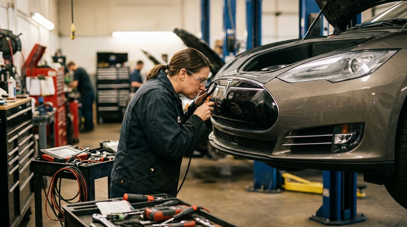 A safety engineer inspects the camera and sensor suite on the front of a Tesla vehicle in an investigation facility.