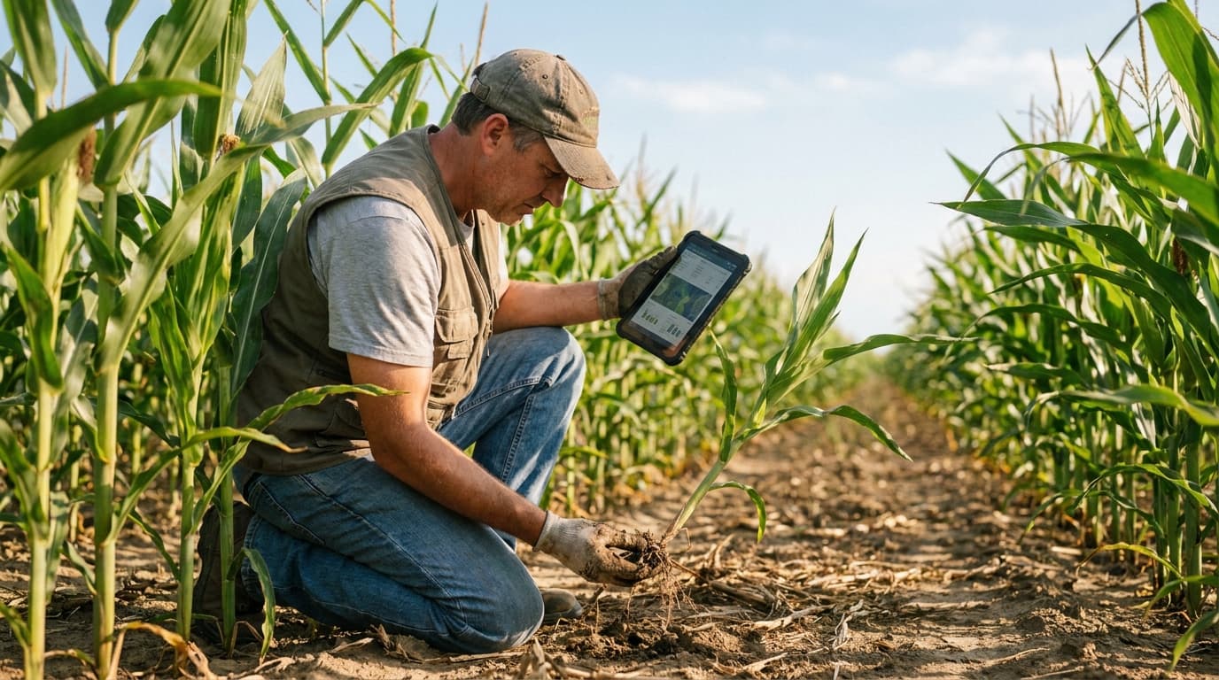 A scientist in a field of crops kneels down to inspect the roots of a plant while holding a digital tablet.