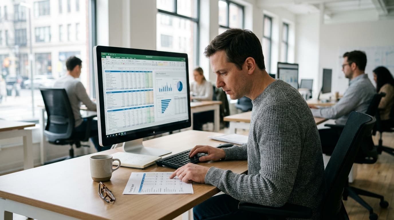 A business analyst at their desk reviews a printed report while looking at structured data extracted from it on a large computer screen.