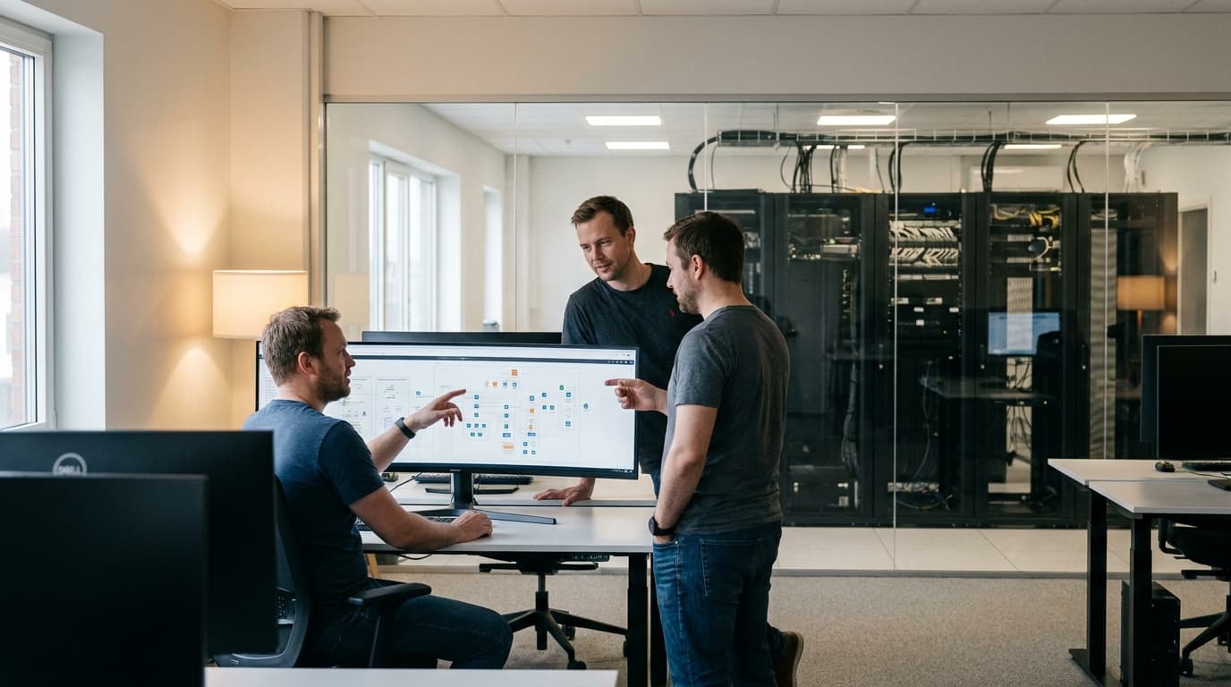 A group of engineers discussing a system architecture diagram for a large-scale database proxy in a data center office.