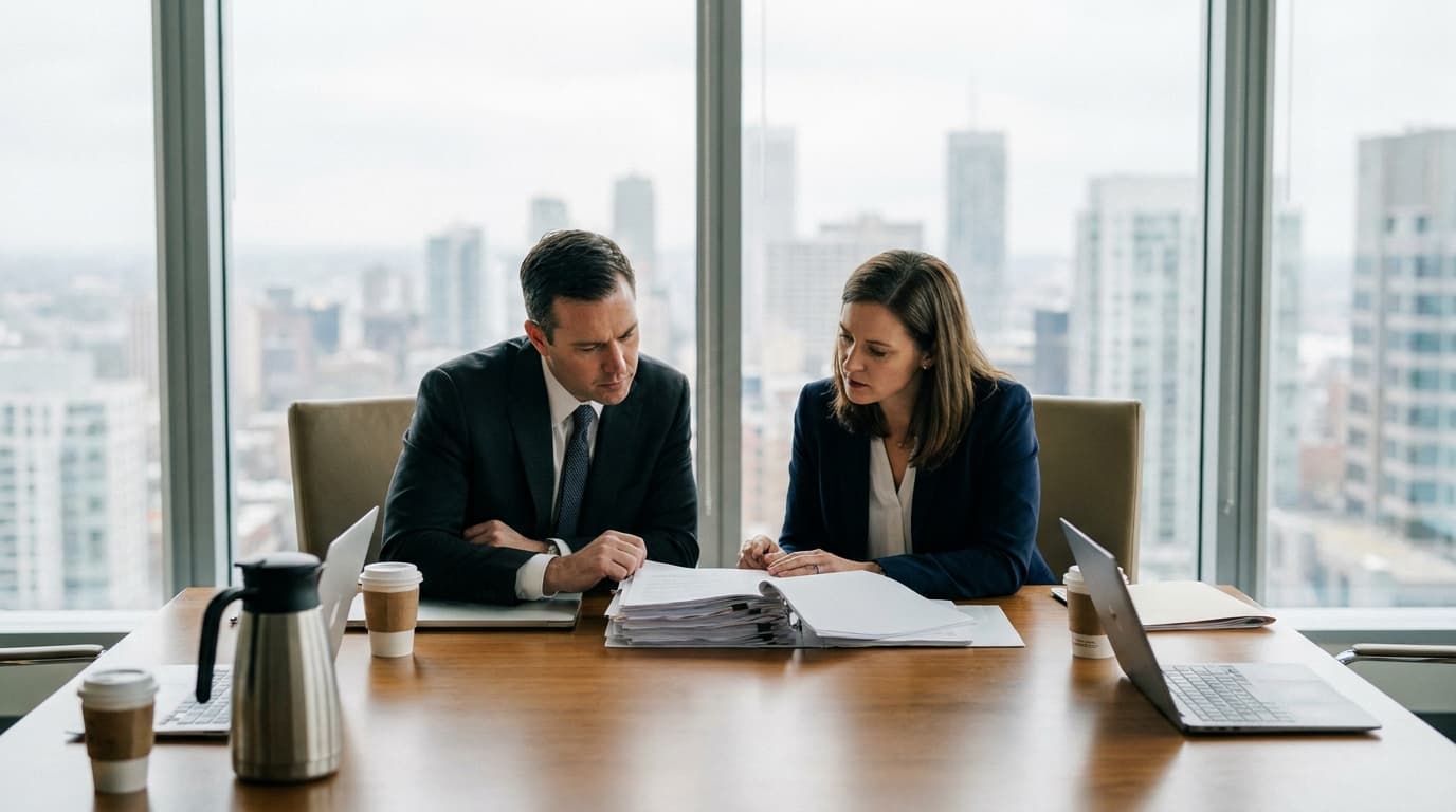 Two business professionals negotiate over a stack of legal documents at a conference table in a modern high-rise office.