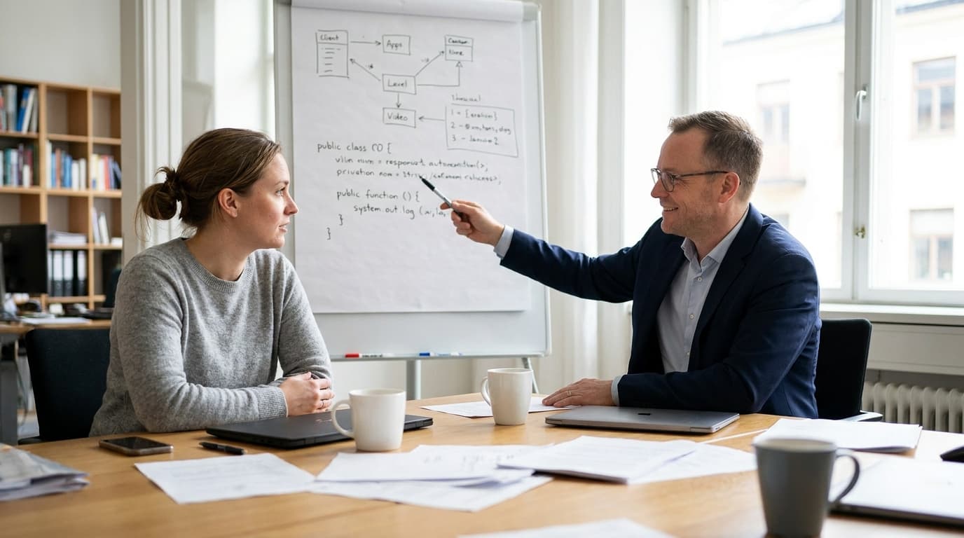 A hiring manager and an engineering candidate discuss a technical problem in a modern office setting.