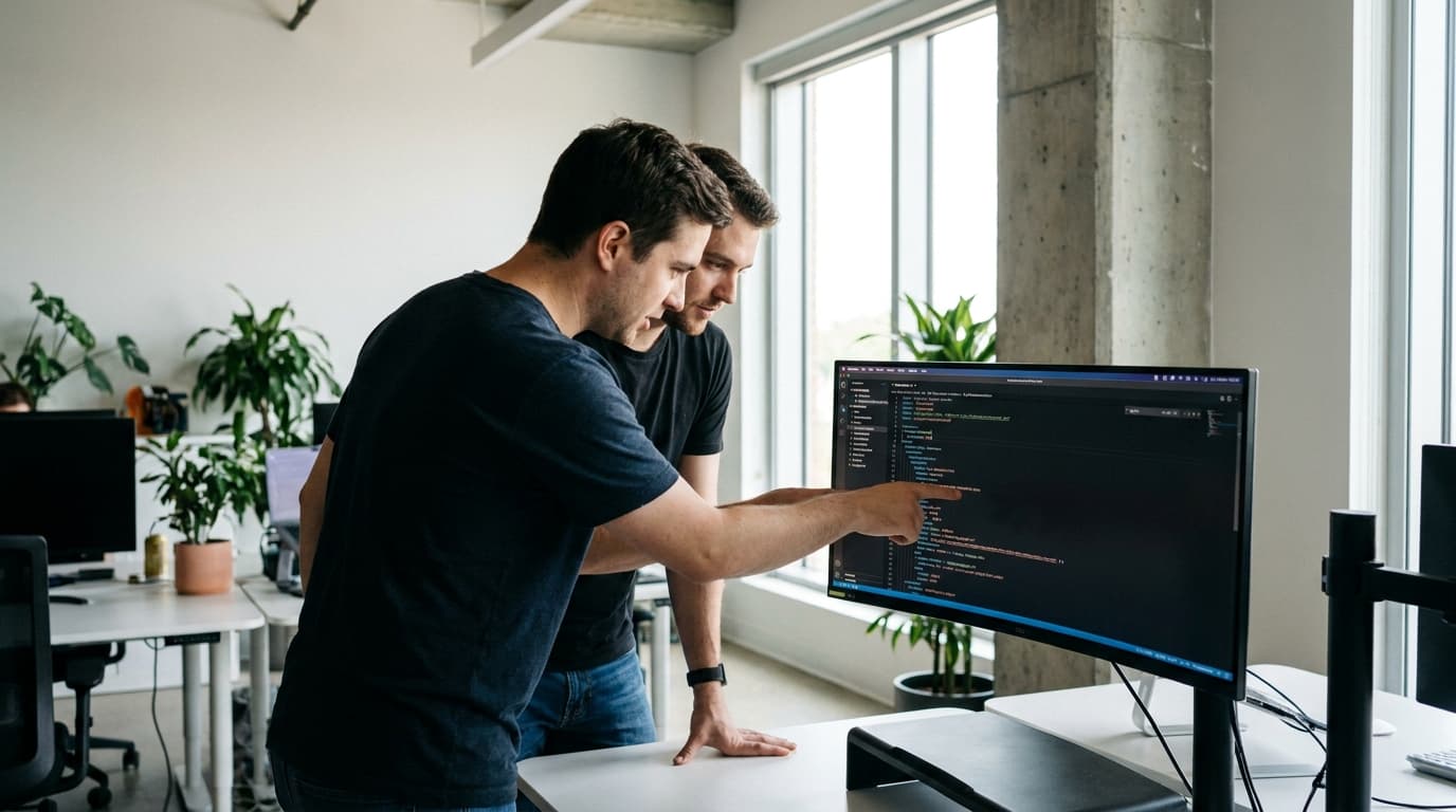 Two software developers discuss a Kubernetes YAML file on a computer screen in an office setting.