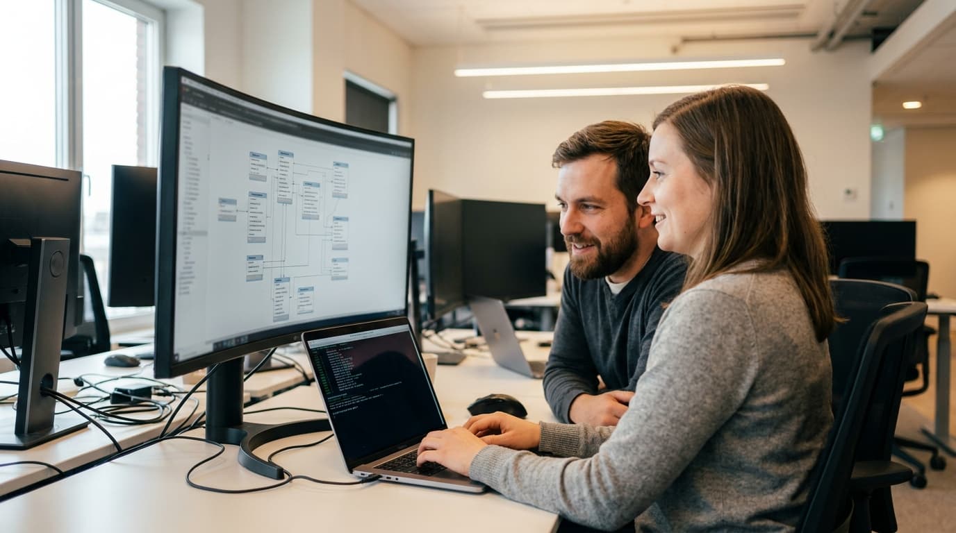 Two engineers work on a database migration, with one typing into a terminal on a laptop and the other pointing at a large screen.