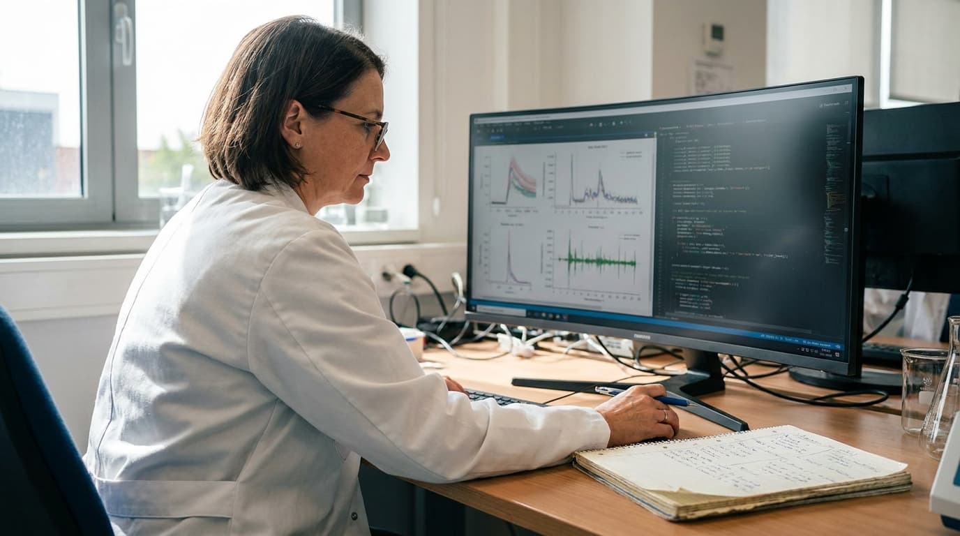 A healthcare professional works on a computer in a clinical setting, reviewing medical data on the screen.