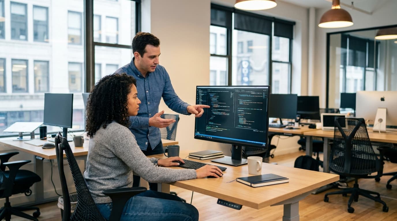 Two security engineers in an office environment collaborating over a piece of code displayed on a computer monitor.