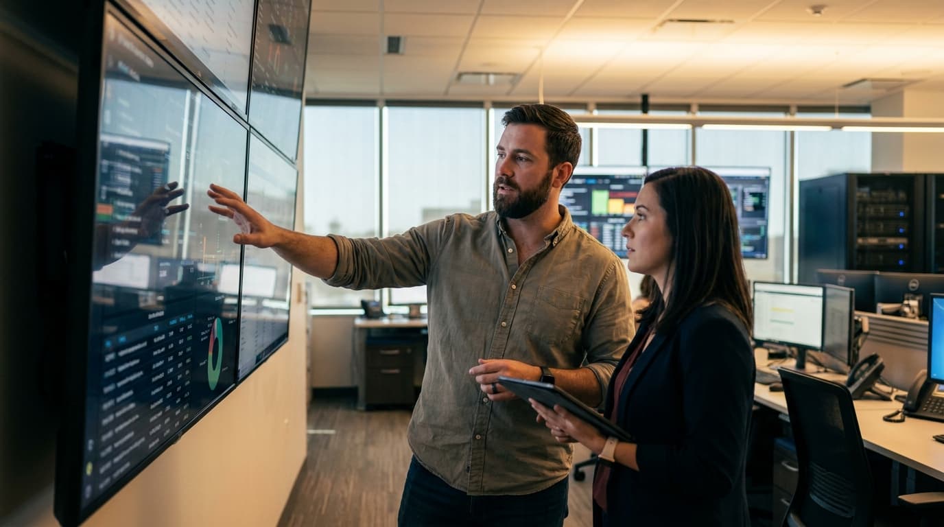 Two security professionals in an operations center analyze data on a large screen, discussing a security alert.
