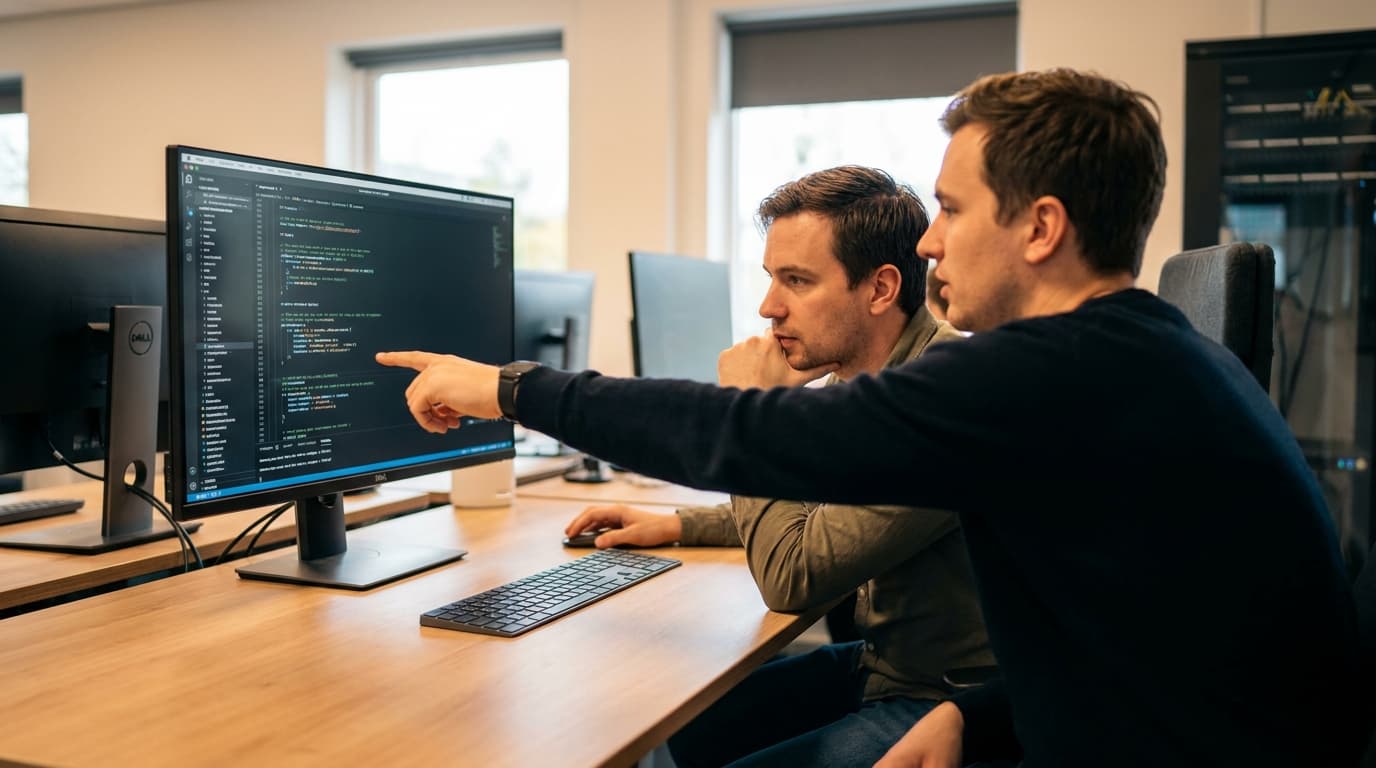 Two security engineers in an office environment collaborating over a piece of code displayed on a computer monitor.