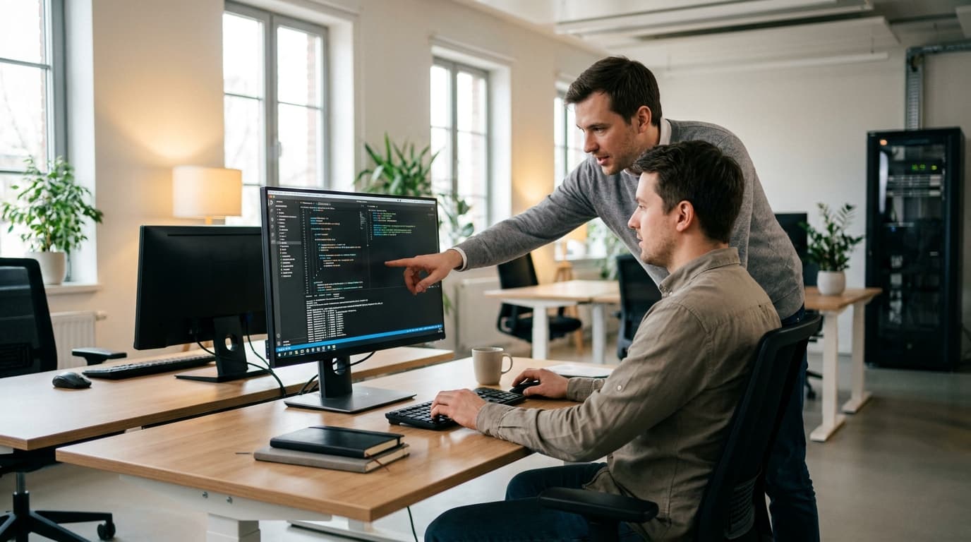 Two security engineers in an office environment collaborating over a piece of code displayed on a computer monitor.