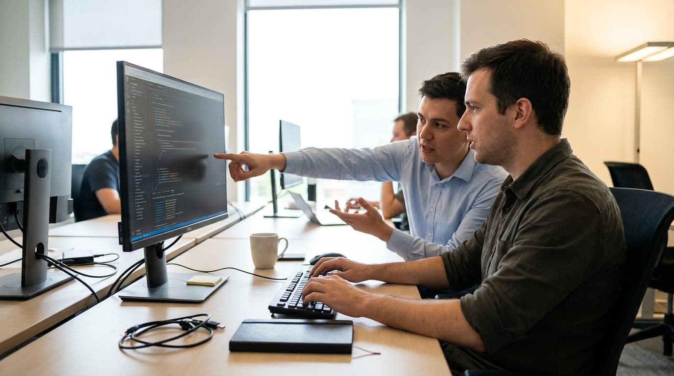 Two security engineers in an office environment collaborating over a piece of code displayed on a computer monitor.