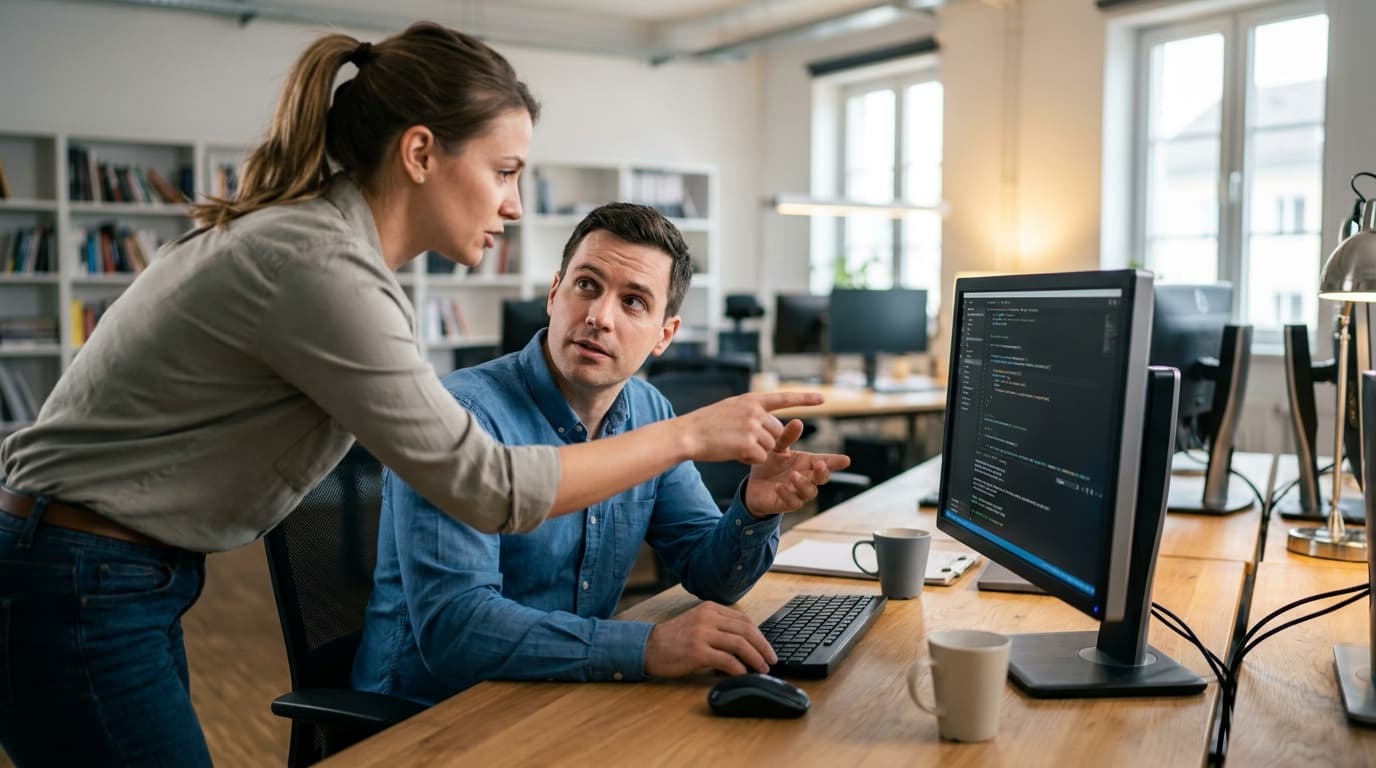 Two security engineers in an office environment collaborating over a piece of code displayed on a computer monitor.