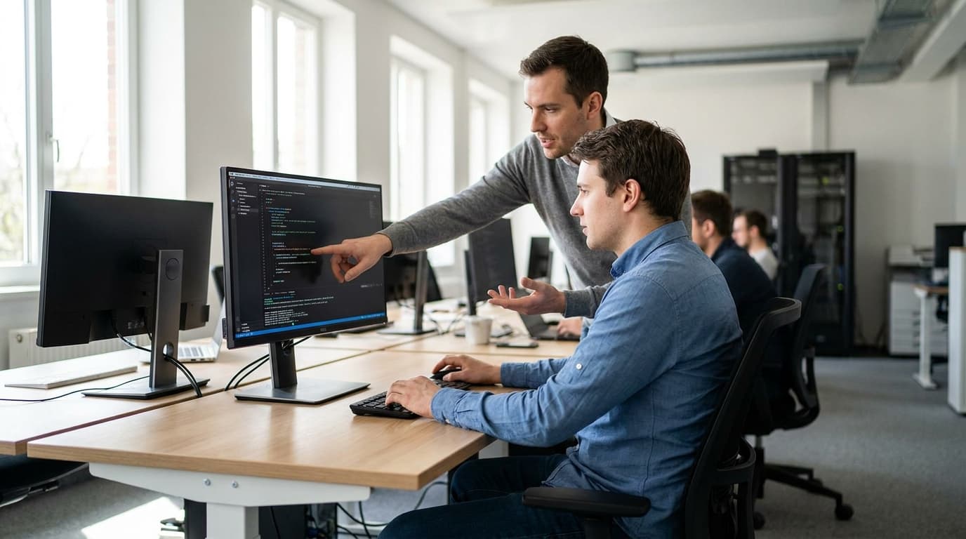 Two security engineers in an office environment collaborating over a piece of code displayed on a computer monitor.