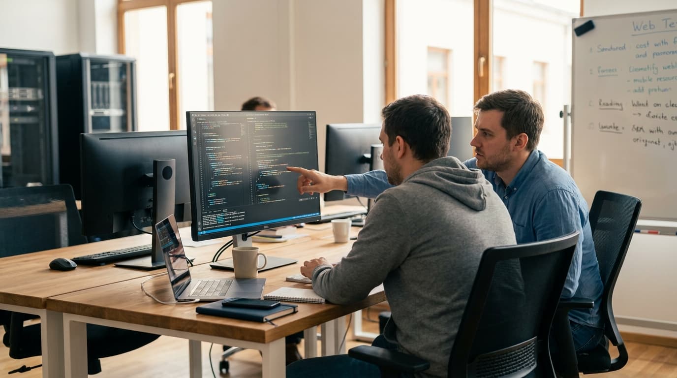 Two security engineers in an office environment collaborating over a piece of code displayed on a computer monitor.