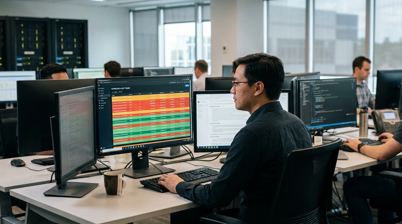 A security operations analyst reviews data on a computer screen in a modern office environment.
