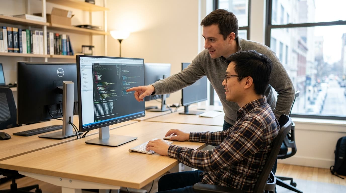 Two security engineers in an office environment collaborating over a piece of code displayed on a computer monitor.