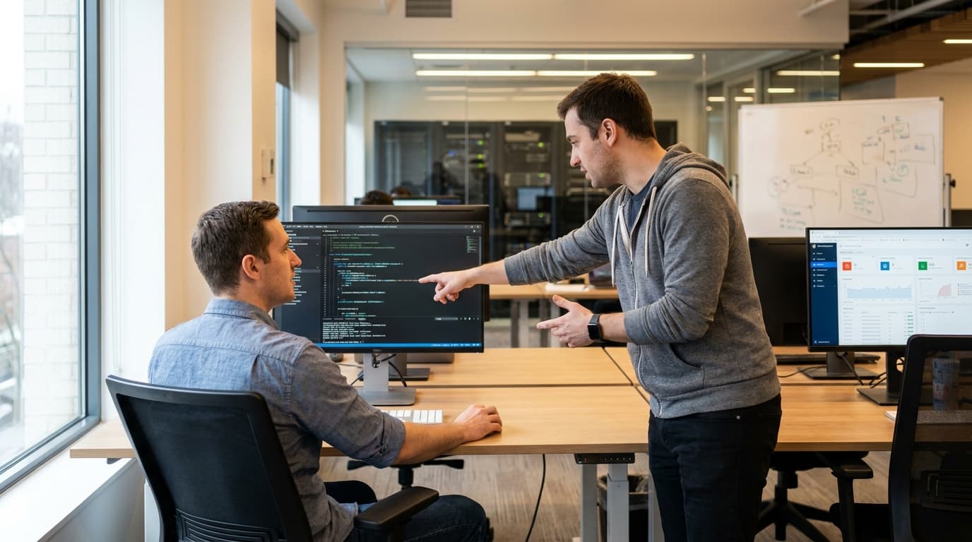 Two security engineers in an office environment collaborating over a piece of code displayed on a computer monitor.