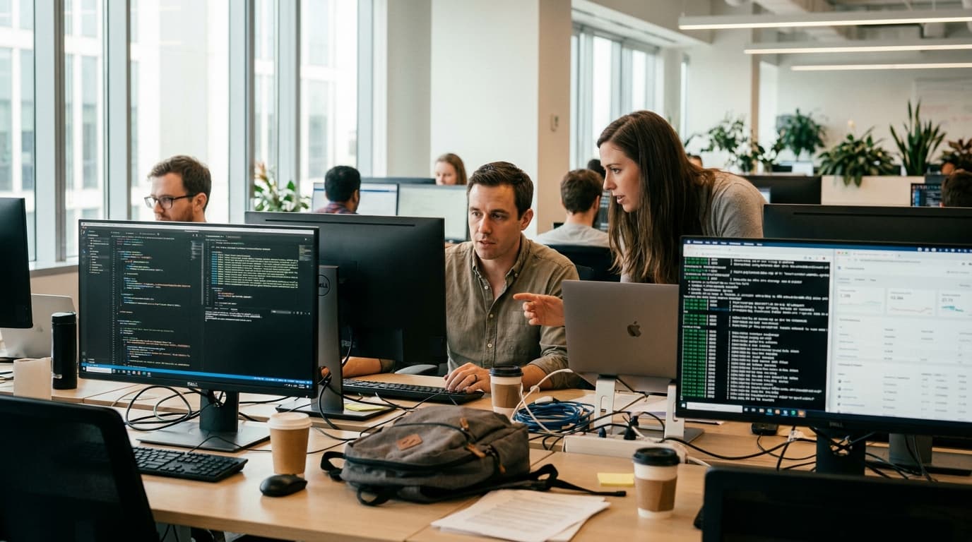Two security professionals in an office analyzing data on a computer screen showing security alerts and code.