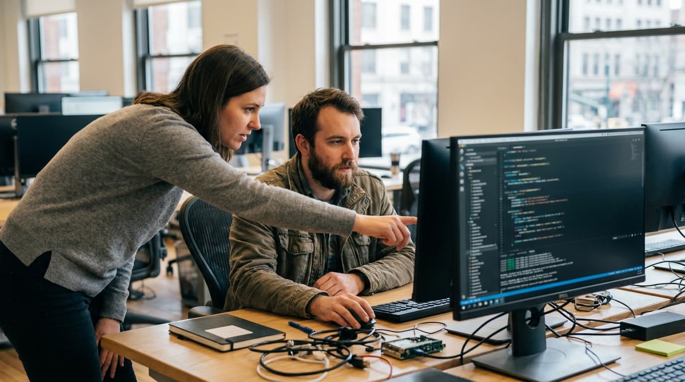 Two security engineers in an office environment collaborating over a piece of code displayed on a computer monitor.
