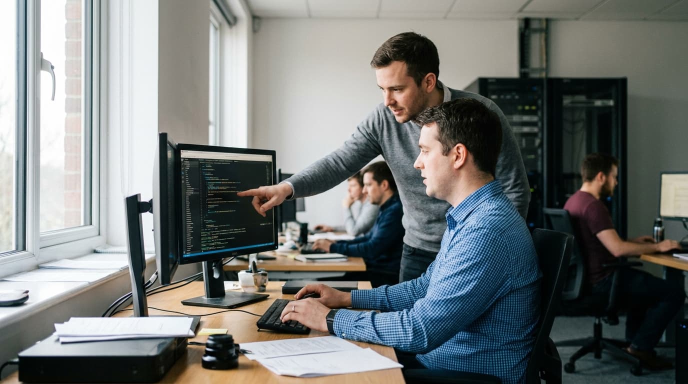 Two security engineers in an office environment collaborating over a piece of code displayed on a computer monitor.