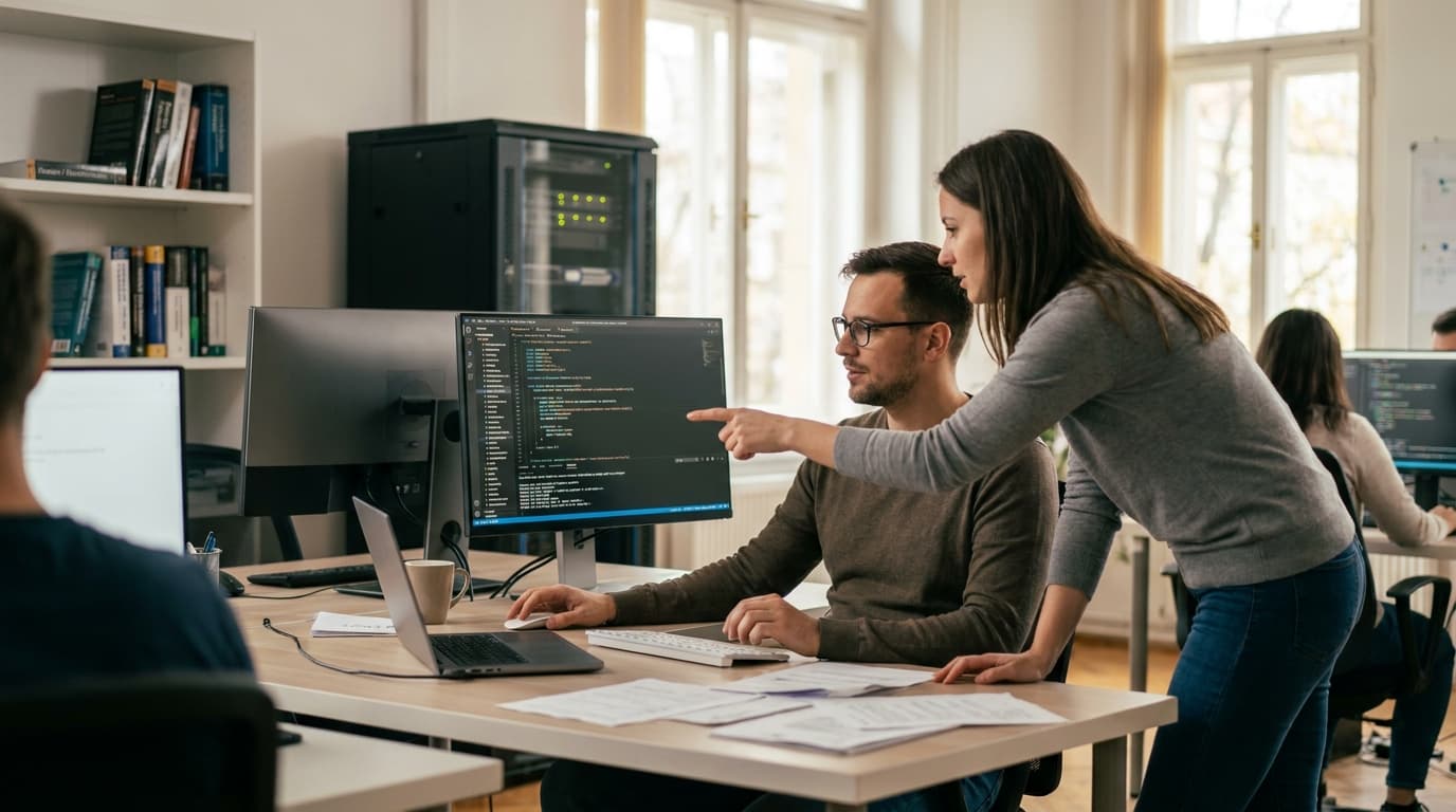Two security engineers in an office environment collaborating over a piece of code displayed on a computer monitor.