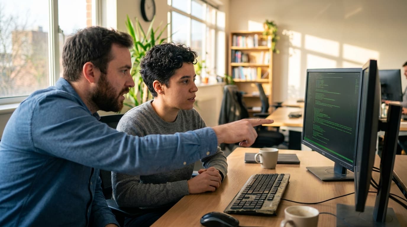 Two security engineers in an office environment collaborating over a piece of code displayed on a computer monitor.