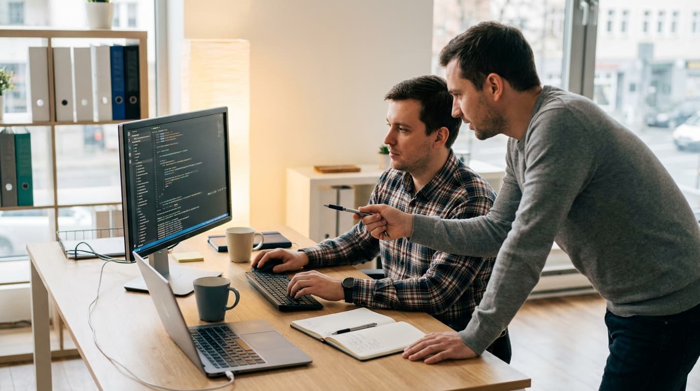Two security engineers in an office environment collaborating over a piece of code displayed on a computer monitor.