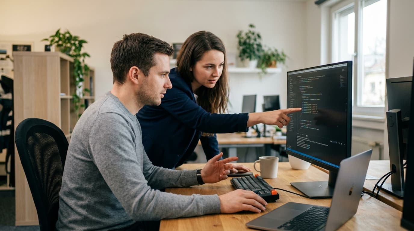 Two security engineers in an office environment collaborating over a piece of code displayed on a computer monitor.