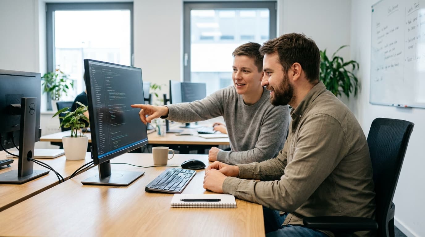 Two security engineers in an office environment collaborating over a piece of code displayed on a computer monitor.