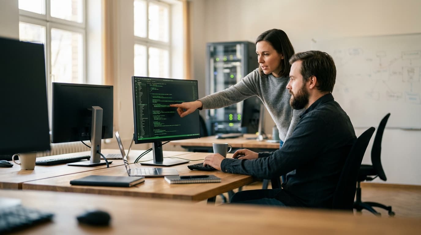 Two security engineers in an office environment collaborating over a piece of code displayed on a computer monitor.