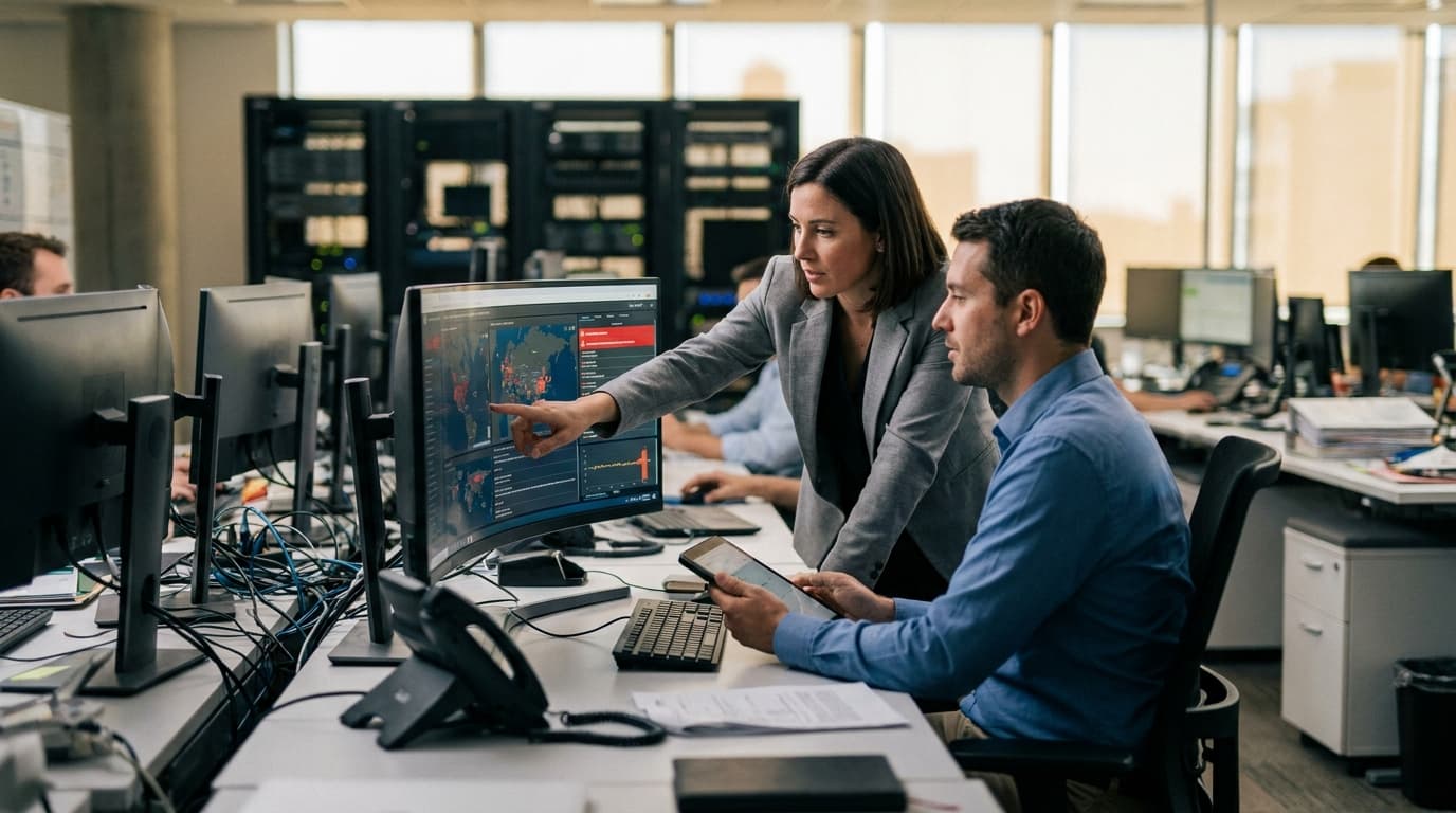 Two security professionals in an operations center analyze data on a large screen, discussing a security alert.