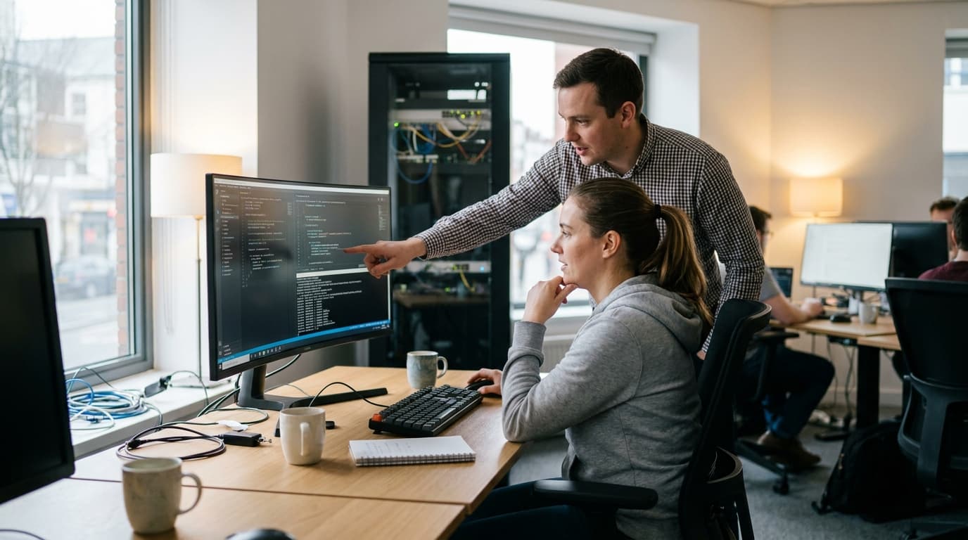 Two security engineers in an office environment collaborating over a piece of code displayed on a computer monitor.
