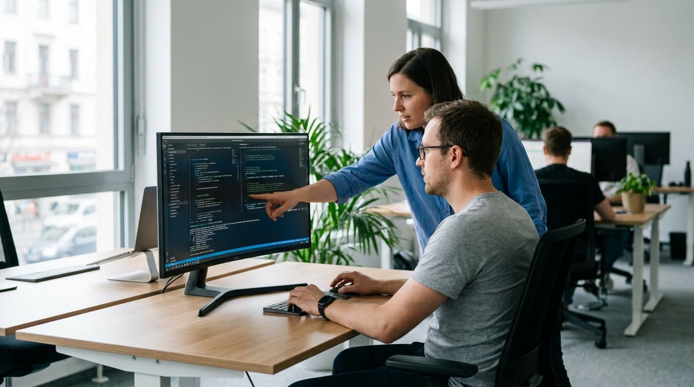 Two security engineers in an office environment collaborating over a piece of code displayed on a computer monitor.